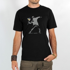 Camiseta de mangas cortas estampada \ Banksy hooligan flowers\ , Negro