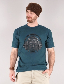 Camiseta de mangas cortas estampada \ Headphone Bouddha\ , Azul oscuro