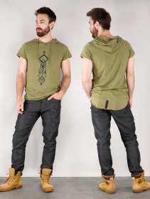 Camiseta larga con capucha unisex \"Singha\", Verde oliva y negro