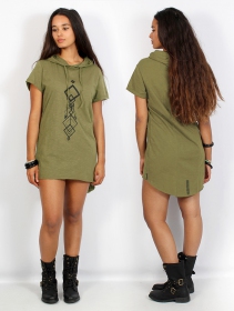 Camiseta larga con capucha unisex \ Singha\ , Verde oliva y negro