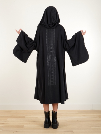 Chaqueta larga estampada con capucha estilo kimono \ Seishin Andes\ , Negro