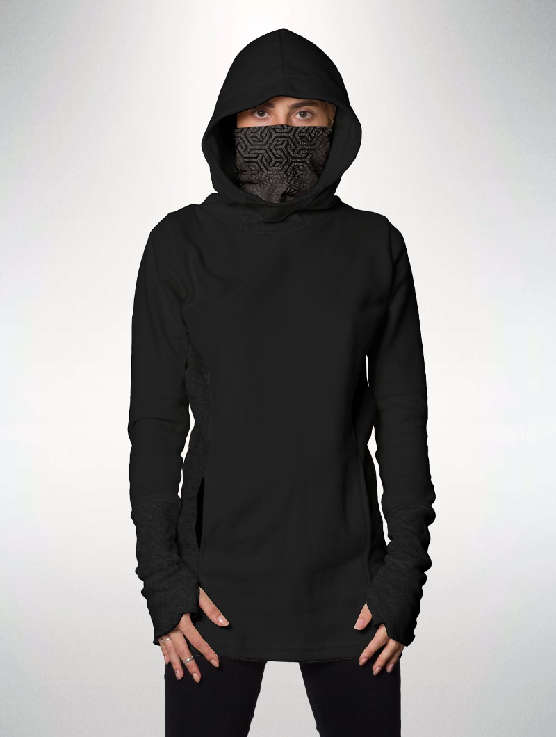 Sudadera capucha, cuello alto ninja estampado, negro, PlazmaLab Tao