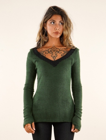 Suéter de cuello de ganchillo \ Ysälys\ , Verde bosque