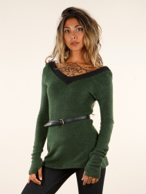 Suéter de cuello de ganchillo \ Ysälys\ , Verde bosque