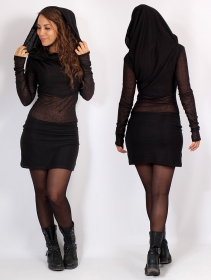 Vestido corto de manga larga con aplicaciones transparentes \ Azmiyäa\ , Negro bi-material