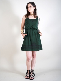 Vestido corto de tirantes con estampado \ Lotus Oromë\ , Verde pato