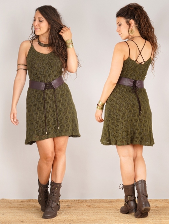 Vestido de ganchillo con forro \ Alchemÿaz\ , Verde oliva y forro marrón