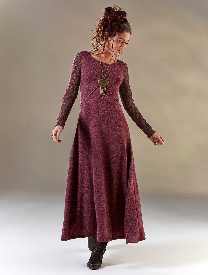 Vestido largo burdeos manga de crochet, elfo, Yggdrazil Melisandre